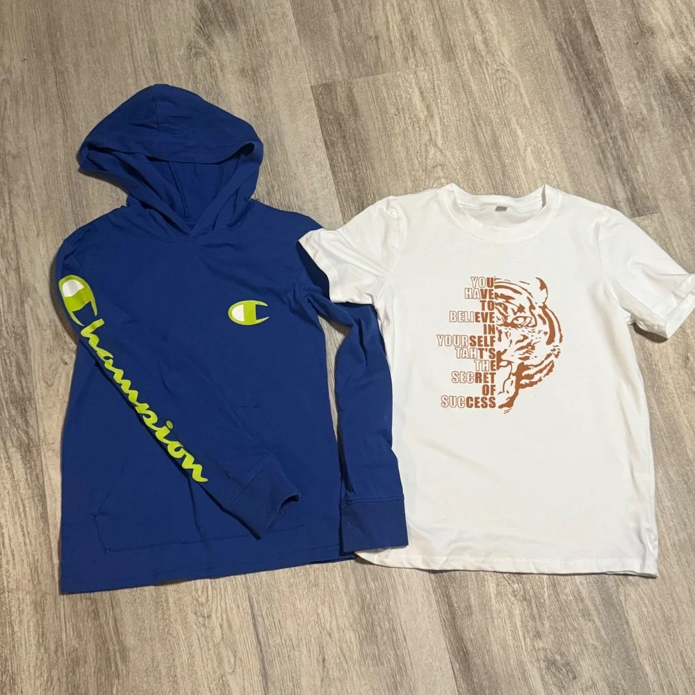 Champion Blue Hoodie & White Tiger Graphic Tee Bundle Kids Size S 7-8 Years